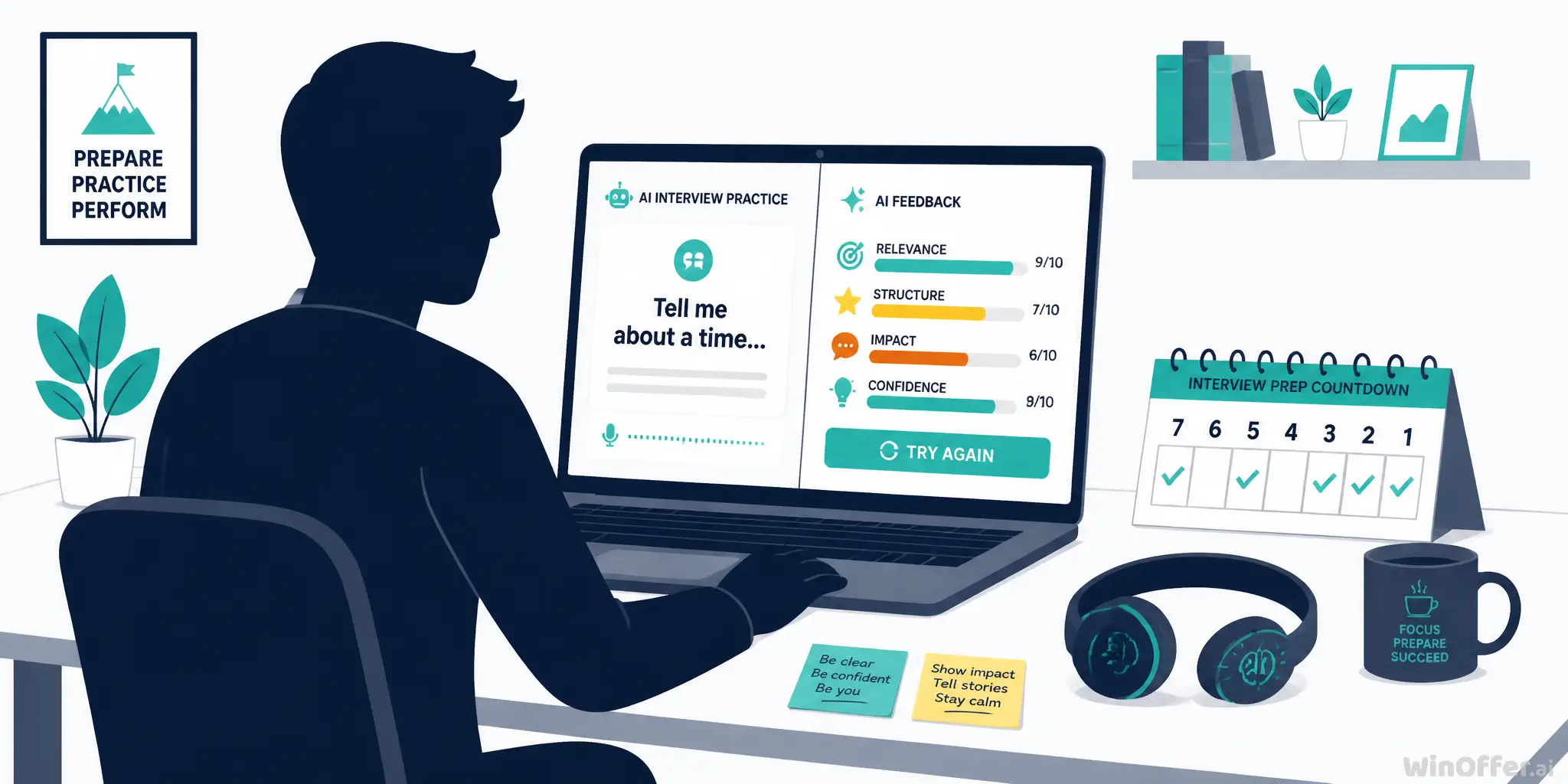 Job candidate practicing interview answers with AI mock interview feedback on laptop screen